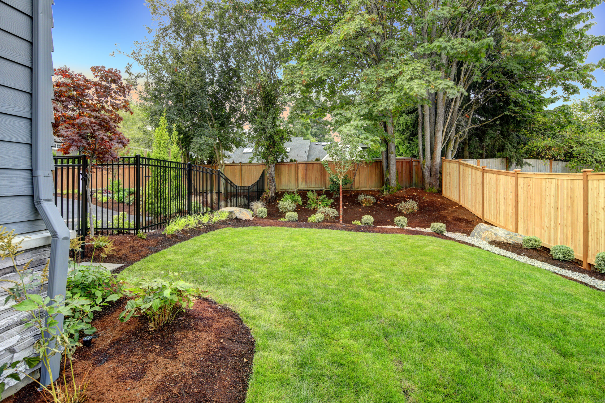 nice fenced backyard with new planting beds